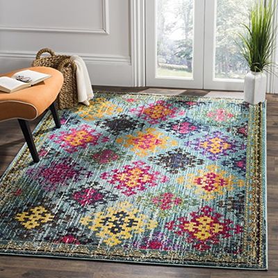 SAFAVIEH Tapis Boho Pour Salon, Salle à manger, Chambre à coucher - Monaco Collection, Tapis à poil court, Bleu et Multi, 91 X 152 cm