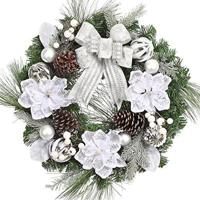 Auton Julkrans, 60 cm, konstgjord dörrkrans, jul med 20 lysdioder, julgirlang med julkula, julblomma, magnolia, bär för ytterdörr, öppen spis och väggdekoration, silver