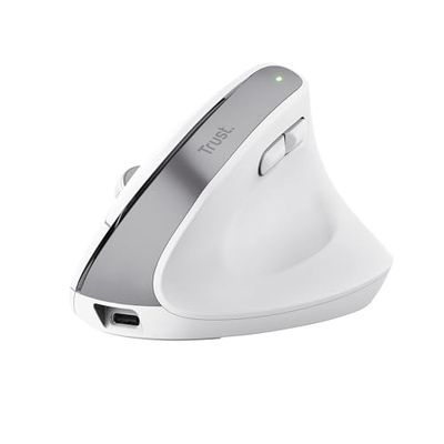 Trust Bayo+ Rechargeable Vertical Mouse Bluetooth + RF 2.4GHz, Ergonomic Mouse, Reduces Arm and Wrist Strain, 50% Recycled Plastics, Multidevice Wireless Mouse for Windows, PC, Laptop, Mac - White