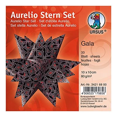 Ursus Aurelio Star Gala, 34216800, vouwblaadjes, zwart/roze/rood, 33 vellen, van papier 80 g/m², ca. 10 x 10 cm, aan beide zijden bedrukt, ideaal als kerstdecoratie