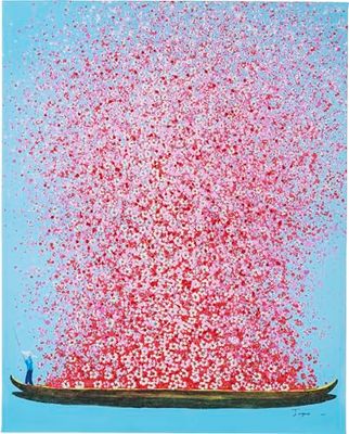 Kare Design quadro Toucado flor barco azul/rosa, cores pastel, mural colorido, tela, moldura de madeira maciça, detalhes pintados à mão com tinta acrílica, abstrato, 100 x 80 x 4 cm (A/A/P)