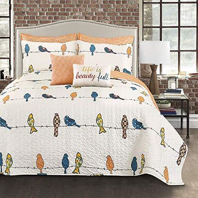 Lush Decor 7 Piece Rowley Birds Set Trapunta, Poliestere, Multicolore, Full/Queen