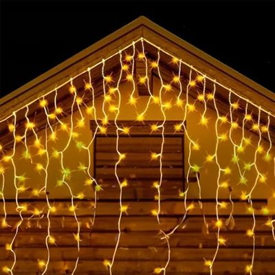 Cadena de luces LED tipo carámbano, batería 3 AA, 10m, luz blanca cálida, ideal para decoración de interiores y exteriores.