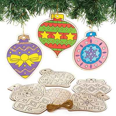 Baker Ross FC169 Christmas Wooden Baubles - Pack of 12, Christmas Ornaments, Make Your Own Decorations, Wood Crafts to Colour In and Decorate