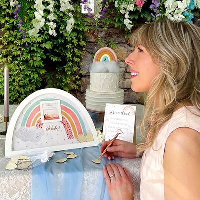 Kate Aspen Boho Baby Shower Guest Book Alternative Rainbow Frame with 30 Wooden Clouds, Frame for Sonogram Picture, Rainbow Baby Shower Decorations & Keepsake, Nursery Decor