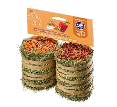 Homefriends Rotoli di fieno con carota e peperone per conigli, nani, criceti, porcellini d'India e roditori (2 pezzi - 200g). Cibo per conigli con fibra per l'usura dentale del roditore