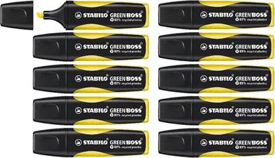 Stabilo, Marcador fluorescente ecológico STABILO GREEN BOSS - Fabricado en un 83% con plásticos reciclados - Caja con 10 unidades - Color amarillo