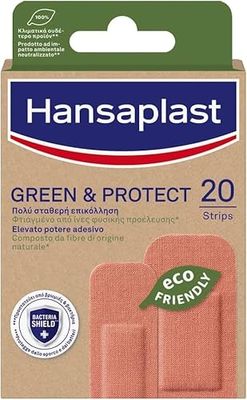 Hansaplast Cerotti GREEN & PROTECT, Cerotti impermeabili e sostenibili, Cerotti medicazione realizzati con fibre di origine naturale*, 1 Confezione da 20 pezzi assortiti