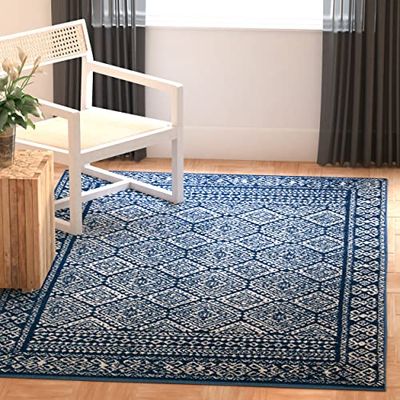 SAFAVIEH Boho Chic tapijt voor woonkamer, eetkamer, slaapkamer, Tulum collectie, laagpolig, marineblauw en ivoor, 91 x 152 cm