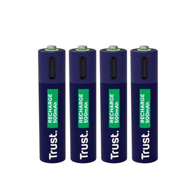 Trust Pile Ricaricabili AAA USB-C 4 Pezzi, Batterie AAA Porta USB-C Integrata, Nessun Caricabatteria Necessario, 500 mAh Pile Mini Stilo Ricaricabili tramite Porta USB, Cavo Incluso, Confezione da 4