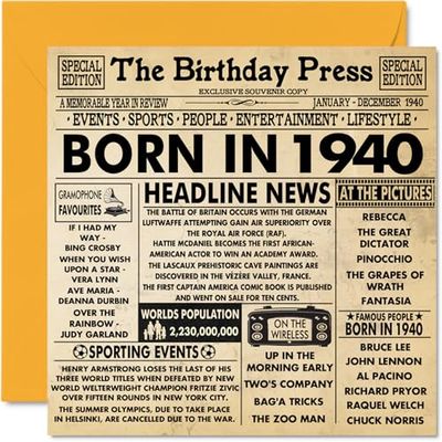 85th Birthday Cards for Men Women - Born In 1940 Newspaper - Happy 85 Birthday Card for Grandad Grandma Nan Vintage Retro Back In 1940, 145mm Bday Greeting Cards