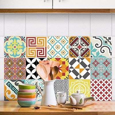 15 Stickers adhésifs carrelages | Sticker Autocollant Carreaux de ciment - Mosaïque carrelage mural salle de bain et cuisine | Carreaux de ciment adhésif mural - azulejos - 15 x 15 cm - 15 pièces