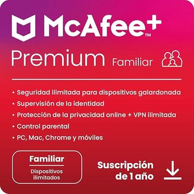 McAfee+ Premium Familiar, Antivirus y seguridad en Internet para un número ilimitado de dispositivos | PC/Mac/iOS/Android|Suscripción de 1 año | Código de activación por correo electrónico