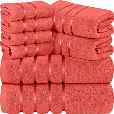 Utopia Towels Lot de 8 Serviettes, Dont 2 Serviettes de Bain, 2 essuie-Mains, 4 Gants de Toilette, 600 g/m², Coton filé à l'anneau très Absorbant, Rayures, Viscose, pour Un Usage Quotidien, Corail