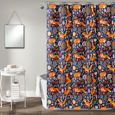Lush Decor Pixie Fox Shower Curtain, 72" W x 72" L, Navy - Whimsical Floral & Fox Pattern - Fun Kids Shower Curtain - Woodland Kids Bathroom Decor