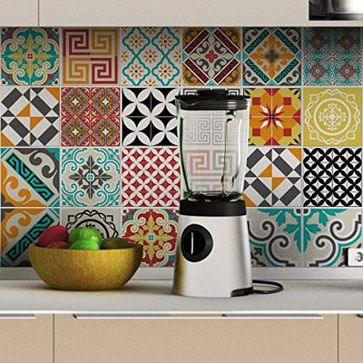 Stickers adhésifs carrelages | Sticker Autocollant Carreaux de ciment - Mosaïque carrelage mural salle de bain et cuisine | Carreaux de ciment adhésif mural - azulejos 20 x 20 cm - 24 pièces
