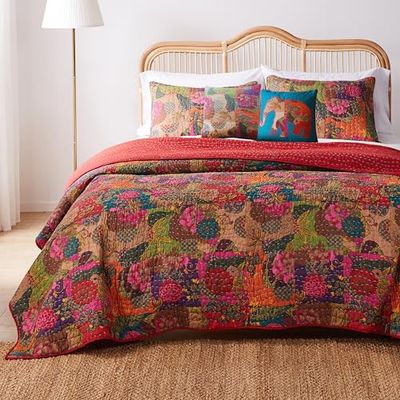 Greenland Home Jewel - Set di Biancheria da Letto Trapuntato, Reversibile, 100% Cotone Kantha, per Letti Twin (4 Pezzi), Rosso