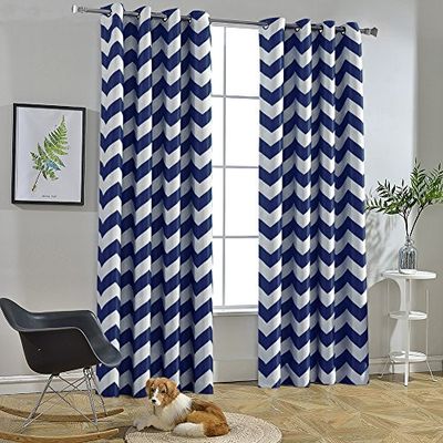 Melodieux Chevron Rideaux occultants œillets en Haut, Polyester & Polyester mélangé, Bleu Marine, 52x84 inch