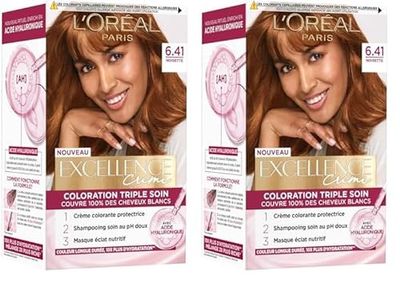 L’ORÉAL PARIS - Coloration Cheveux Permanente Triple Soin - Couvre 100% des Cheveux Blancs - Excellence Crème - Nuance : Noisette (6.41) (Lot de 2)