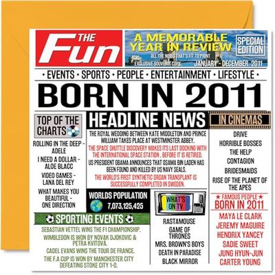 Biglietto di auguri per il 14° compleanno per ragazzi e ragazze, con scritta in lingua inglese "Born In 2011 Newspaper" (lingua italiana non garantita)