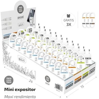 TechOneTech Basik Expositor de Cargadores y Cables - Incluye 30 Cables y 10 Cargadores Marca