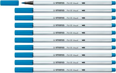 STABILO Feutre pinceau Pen 68 brush - Lot x 10 feutres dessin à pointe pinceau - Bleu Turquoise