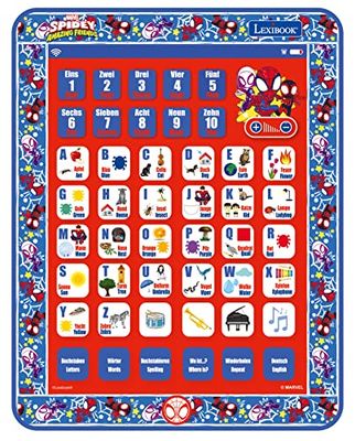 Lexibook JCPAD002SPi3 Spidey and His Amazing Friends Spider-Man Tablette bilingue pour apprendre les lettres de l'alphabet, les chiffres, les mots, l'orthographe et la musique, anglais/allemand, bleu,
