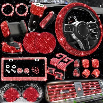 Juego de 27 Accesorios de Coche Brillantes para Mujer, Fundas de Volante de Ajuste Universal de 15 Pulgadas (Rojo)