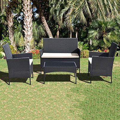 Ribelli Mobili Giardino da 4 Pezzi Set da Giardino Lounge in polyrattan Gruppo Sedile in Rattan, colorazione:Nero/Crema