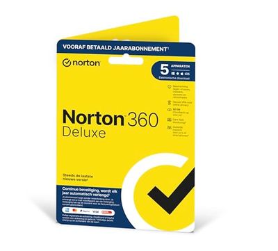 Norton 360 Deluxe 2024, antivirussoftware, internetbeveiliging, 5 Apparaten, 1 Jaar abonnement met automatische verlenging, Secure VPN en Password Manager, PCs, Macs, tablets en smartphones