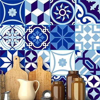16 Stickers adhésifs carrelages | Sticker Autocollant Carreaux de ciment - Mosaïque carrelage mural salle de bain et cuisine | Carreaux de ciment adhésif mural - azulejos - 15 x 15 cm - 16 pièces