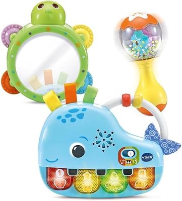 VTech - Set Musical Berta la Ballena, Piano Luminoso, Espejo pandereta y Maracas, Estimulación multisensorial, Desarrollo del Tacto, Regalo bebés +3 Meses, Versión ESP