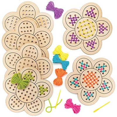 Baker Ross Flower Wooden Threading Kits - Pack of 4, Sewing Arts and Crafts, Craft For Kids (AT378)