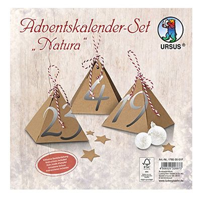 Ursus Natura, 17850001F, adventskalender met materialen voor 24 geschenkdozen, elk ca. 7,7 x 7,7 x 8 cm, van kraftkarton, inclusief stansdelen en koord, om te vullen en cadeau te geven