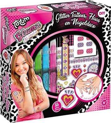 Totum Glamz creatieve set: glittertattoo-, haar- en nagelset, 3 verschillende haarkrijtkleuren, Ibiza elastiekband, 50 glittertattoos, 48 nagelstickers