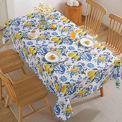 SASTYBALE Lemon Tablecloth, Washable Summer Table Cloth Printed with Lemons Flower Waterproof Spillproof Polyester Table Cover for Dinner Table Holiday Decoration (Rectangle, 52" x 70")