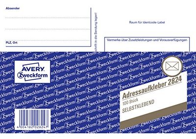 AVERY Zweckform 2824, adreslabelstickers, DIN A6, zelfklevend, 100 vellen, wit