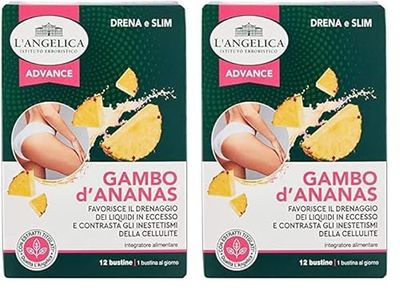 L'Angelica, Integratore Drenante Anticellulite con Gambo d'Ananas, Favorisce la Digestione, Contrasta la Ritenzione Idrica e gli Inestetismi della Cellulite, 12 Bustine (Confezione da 2)