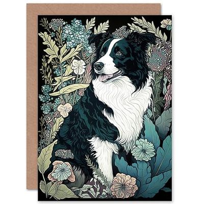 Border Collie Dog in Wildflower Field Modern Illustration Art Birthday Sealed Greeting Card Plus Envelope Blank inside