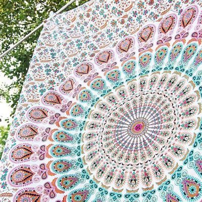 Popular Handicrafts Tenture mandala motif floral Queen Hippie psychédélique, style indien, Pensée magique, Coton, Blanc/multicolore, Twin (215x140) cms