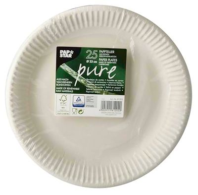 PAPSTAR Pratos de papel descartáveis, redondos, 25 unidades, de cartão 100% de fibra fresca, diâmetro de 23 cm, adequados para alimentos, compostáveis, para festas, aniversários, festas de jardim