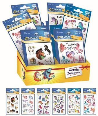 Avery España 48665- Surtido 60 Pegatinas Adhesivas Decorativas Unicornios, 6 Diferentes Fantasías y Materiales, 60 Pegatinas en Expositor de Cartón