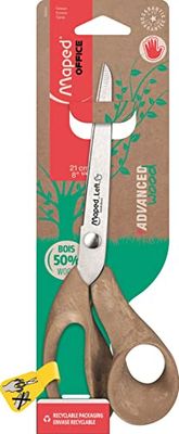 Maped - Tijeras Advanced Wood 21 cm para zurdos - Cuchillas de acero inoxidable - Comodidad y precisión - Anillos asimétricos ergonómicos 50% madera - Garantía de por vida