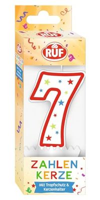 RUF Candela numerica numero 7, candela di compleanno rossa con asterischi colorati, di alta qualità, con protezione antigoccia, ideale come decorazione per torte, 1 pezzo