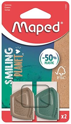 Maped - Lot de 2 gommes Précision Smiling Planet - Gomme Blanche avec Fourreau composé à 50% de Fibres de Bois certifiées FSC - Sans PVC ni Phtalates - Coloris du Fourreau Bleu et Marron
