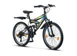 Licorne Bike Strong V Premium Mountainbike in 24 und 26 Zoll - Fahrrad für Jungen, Mädchen, Damen und Herren - Shimano 21 Gang-Schaltung - Vollfederung Farbe:Schwarz/Blau/Lime;Zoll:24