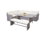 Poly-Rattan-Garnitur MCW-A29, Gartengarnitur Sitzgruppe Lounge-Esstisch-Set Sofa ~ hellgrau, Kissen creme + Bank