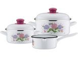 GSW Topf-Set Hortensie, Stahl-Emaille (Set, 5-tlg., 1x Kochtopf Ø 16 cm, 1x Kochtopf Ø 20 cm, 1x Stielkasserolle Ø 16 cm), Induktion, bunt|weiß