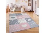 Paco Home Kinderteppich »Eliz 391«, rechteckig, Kurzflor, Spielteppich, Patchwork-Muster, Motiv Krone, Herz & Punkte