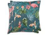 Zierkissenset , Blau, Grün, Rosa , Textil , 2-teilig , Flamingo , Füllung: Polyester, Hohlfaser , quadratisch , 48x48 cm , Oeko-Tex® Standard 100 , pflegeleicht, hochwertige Qualität, langlebig, für den Außenbereich geeignet , Heimtextilien, Wohntextilien, Kissen, Zierkissen